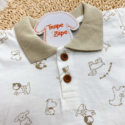 Conj. Camiseta Gola Polo Happy Friend e Bermuda - Off White e Areia